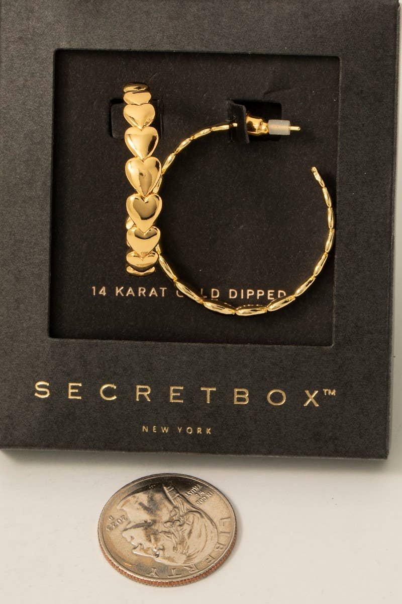 Secret Box Gold Dipped Solid Heart Link Hoop Earrings