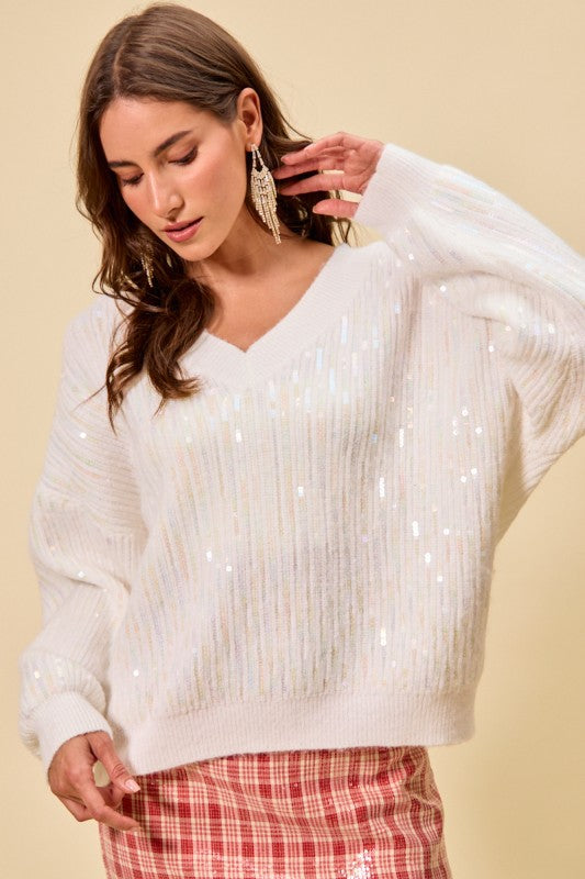 Holiday Clear Sequins Christmas V Neck Sweater Top
