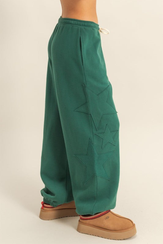 Dream State Star Patch Drawstring Joggers - Dark Green