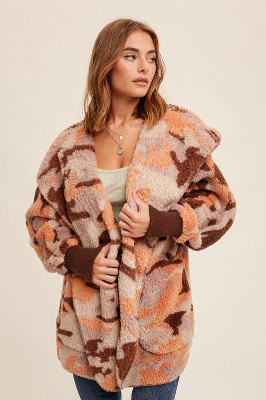 Fall Fest Favorite - Sherpa Hoodie Cardigan - Apricot/Camo