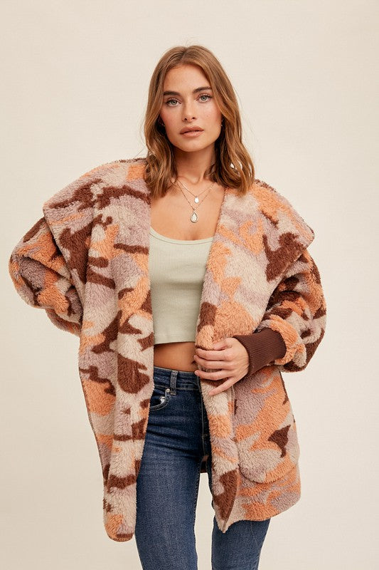 Fall Fest Favorite - Sherpa Hoodie Cardigan - Apricot/Camo
