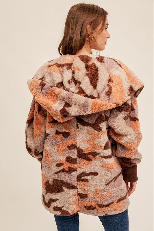 Fall Fest Favorite - Sherpa Hoodie Cardigan - Apricot/Camo