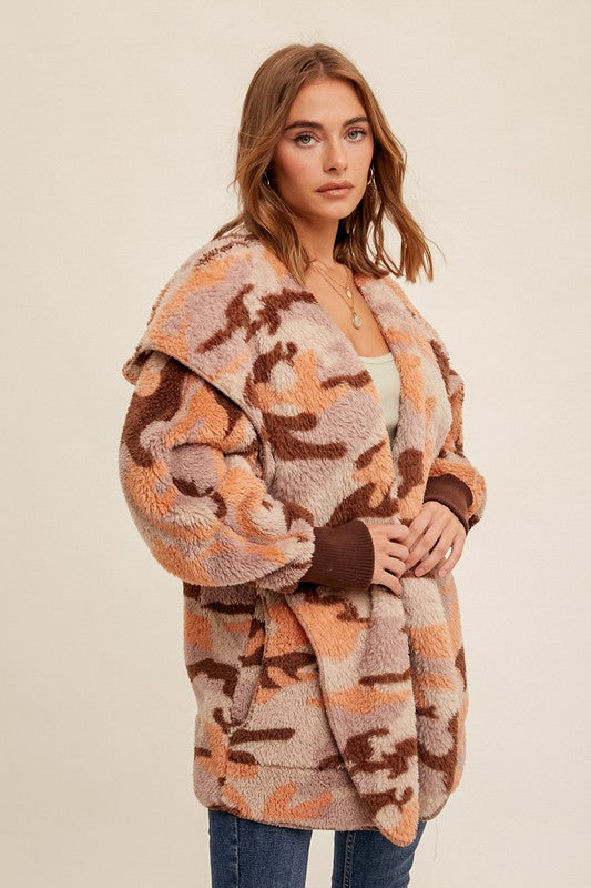 Fall Fest Favorite - Sherpa Hoodie Cardigan - Apricot/Camo
