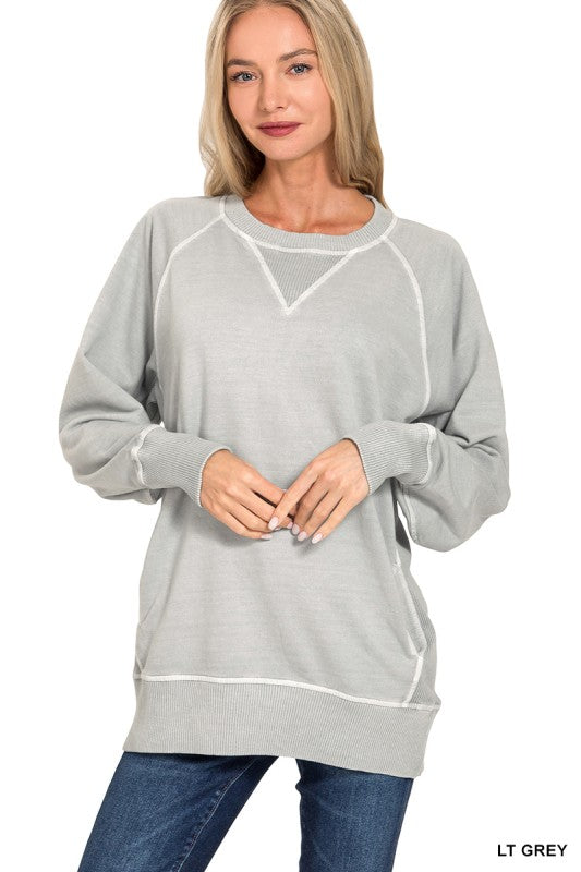 Pigment Dyed French Terry Pullover With Pockets - Light Grey