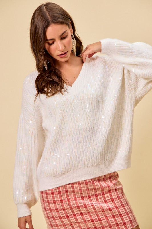 Holiday Clear Sequins Christmas V Neck Sweater Top