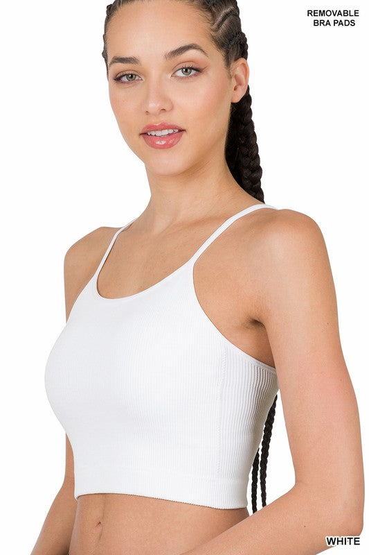 Seamless Collection - Cropped Ribbed Cami With Bra Pads - White