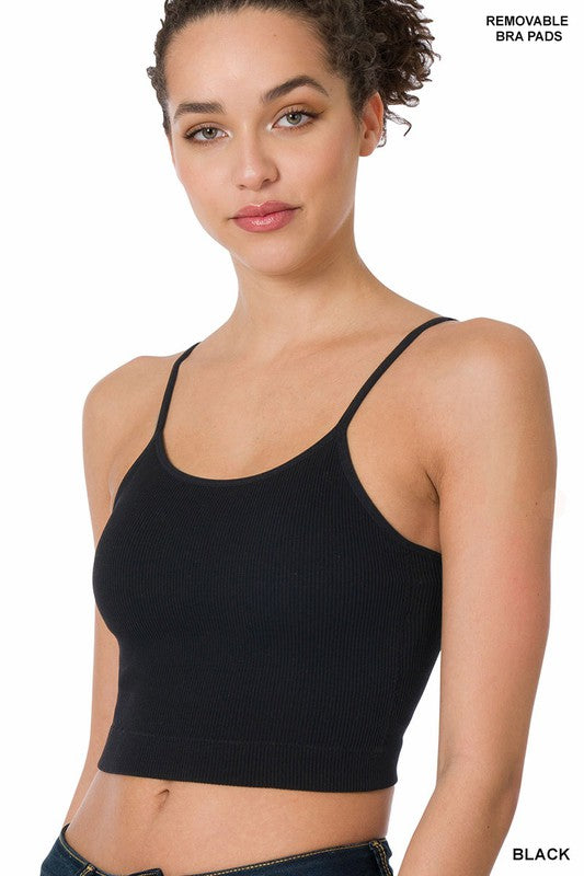 Seamless Collection - Cropped Ribbed Cami With Bra Pads - Black