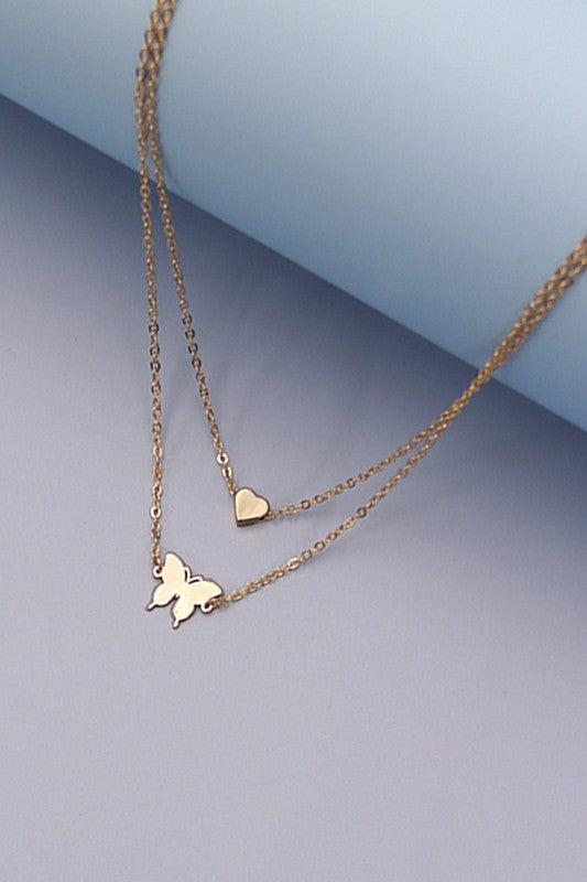 Fly Free Double Layer Butterfly Heart Necklace