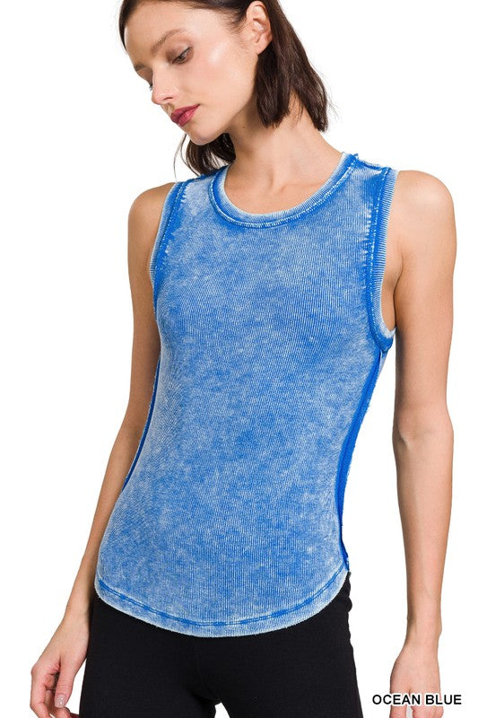 Everleigh Washed Ribbed Tank Top - Ocean Blue