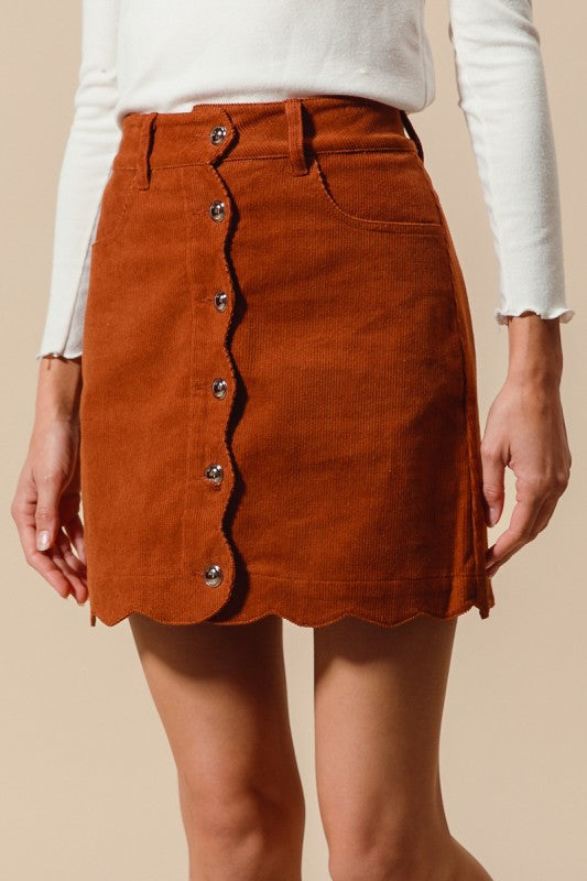 Fall Feels Scalloped Button Front Corduroy Skirt