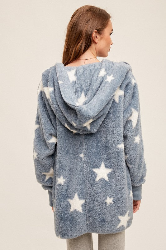 Fall Fest Favorite - Sherpa Hoodie Cardigan - Bluegrey/Off White Stars