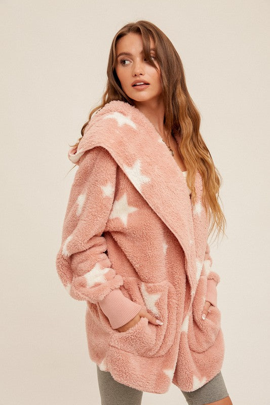 Fall Fest Favorite - Sherpa Hoodie Cardigan - Mauve/Off White Stars