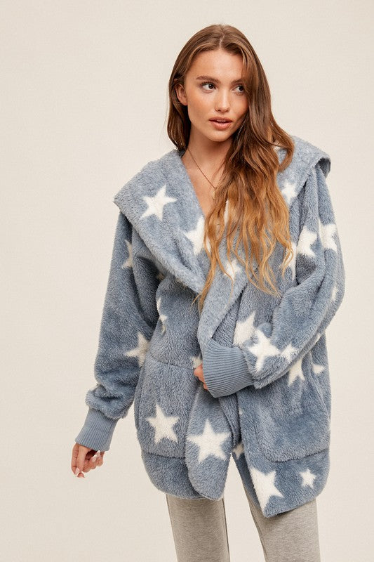 Fall Fest Favorite - Sherpa Hoodie Cardigan - Bluegrey/Off White Stars