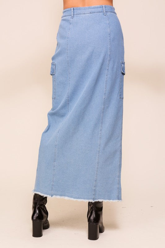 Gianna Denim Cargo Front Slit Maxi Skirt