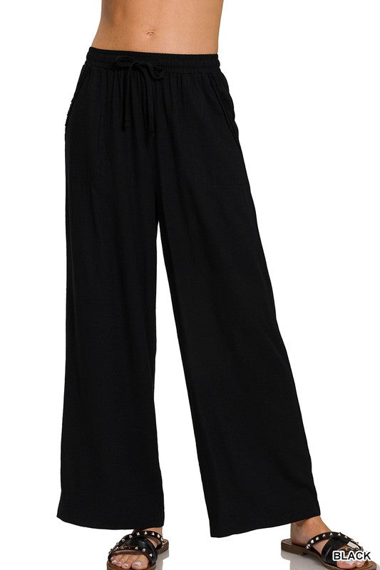 Bayside Wide Leg Linen Blend Pants - Black
