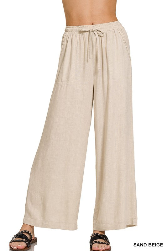 Bayside Wide Leg Linen Blend Pants - Sand Beige