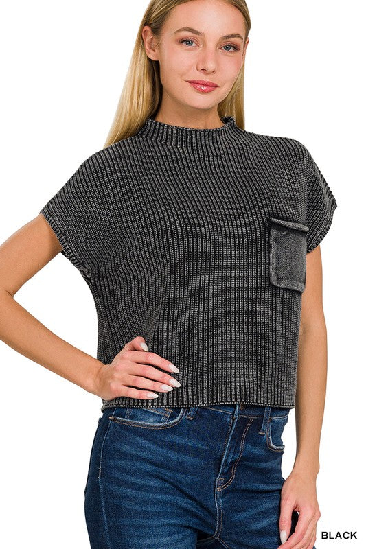 Washed Mock Neck Short Sleeve Sweater Top - Black