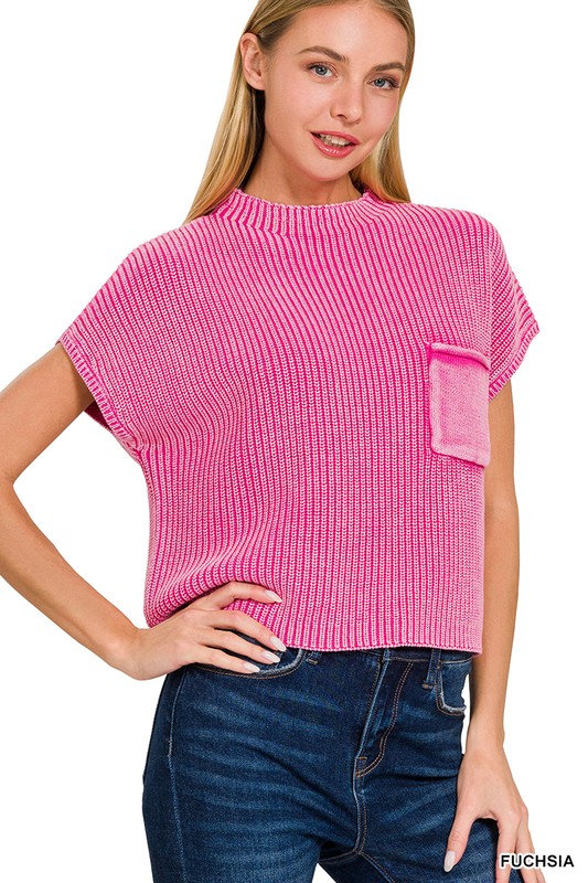 Washed Mock Neck Short Sleeve Sweater Top - Fuchsia