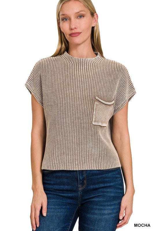 Washed Mock Neck Short Sleeve Sweater Top - Mocha