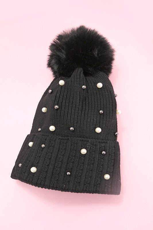 Sequin Pom Pom Beanie - Black