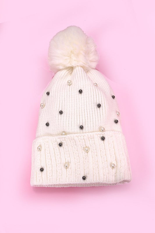 Sequin Pom Pom Beanie - White