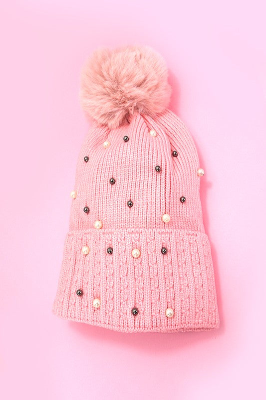 Sequin Pom Pom Beanie - Pink