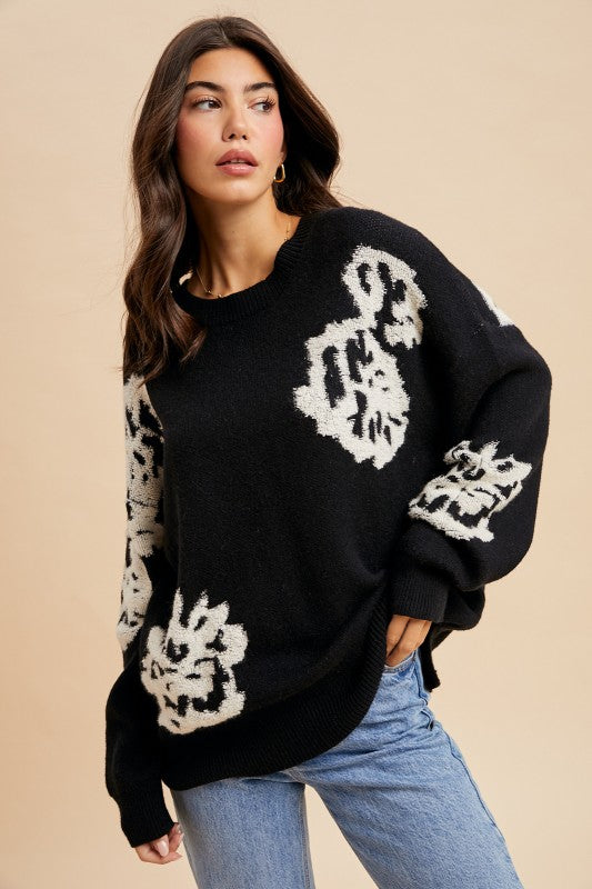 Floral Knitted Sweater - Black