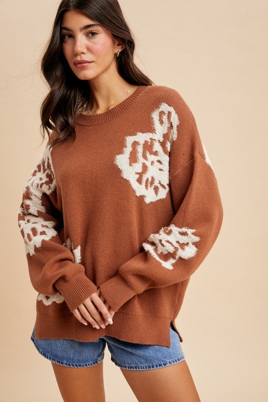 Floral Knitted Sweater - Camel