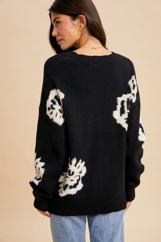 Floral Knitted Sweater - Black