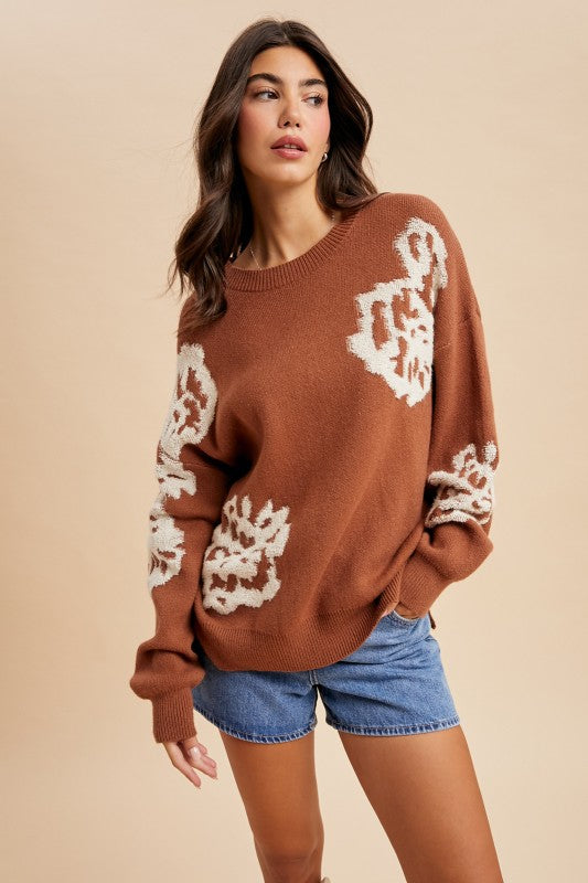 Floral Knitted Sweater - Camel