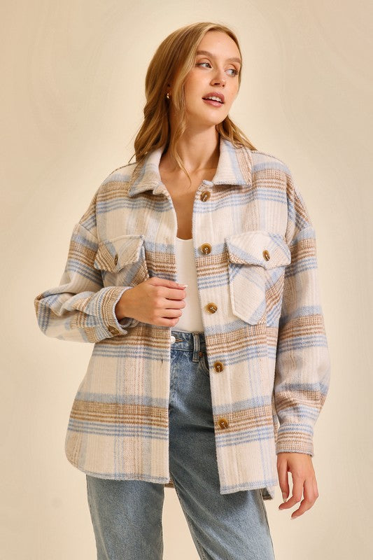 Fall Vibes Plaid Print Shacket - Taupe/Blue