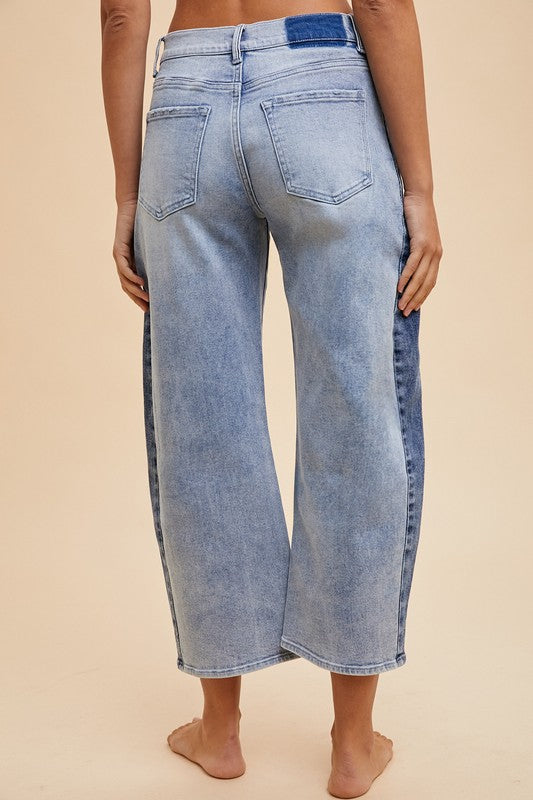 Avery Two Tone Side Panel Stretch Barrel Leg Crop Denim