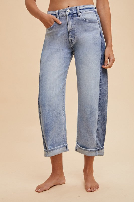 Avery Two Tone Side Panel Stretch Barrel Leg Crop Denim