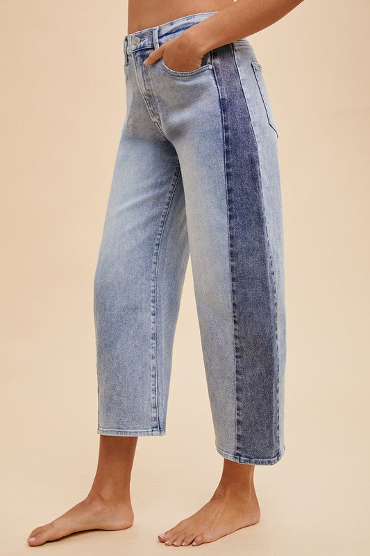 Avery Two Tone Side Panel Stretch Barrel Leg Crop Denim