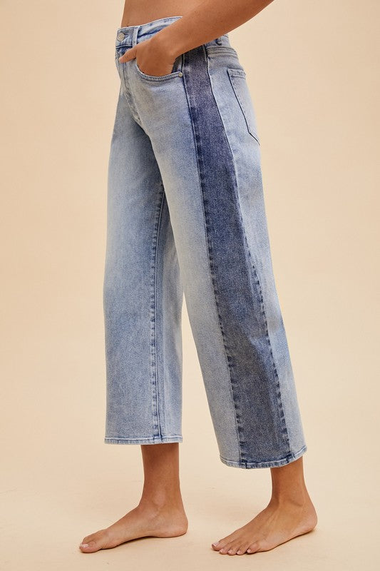 Avery Two Tone Side Panel Stretch Barrel Leg Crop Denim