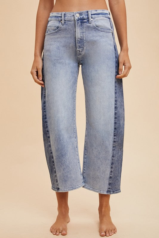 Avery Two Tone Side Panel Stretch Barrel Leg Crop Denim