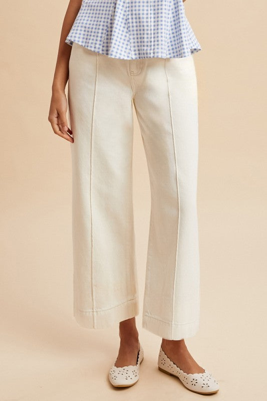Stretch High Rise Pintuck Detail Wide Leg Jeans