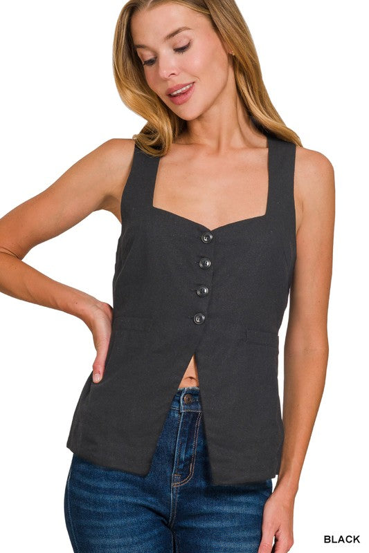 Bayside Linen Tie Back Vest - Black