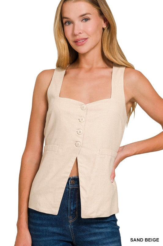 Bayside Linen Tie Back Vest - Sand Beige