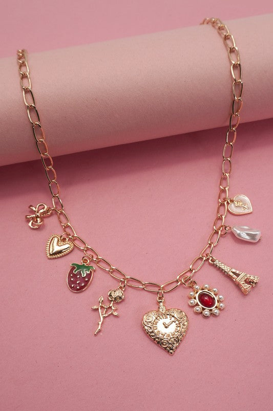 Charm Necklace- Heart Bow Rose Strawberry Eiffel Tower