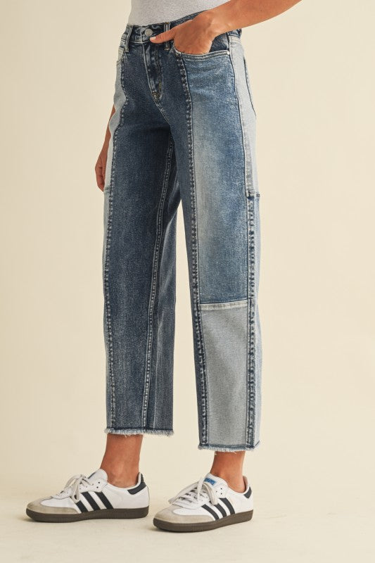 Savannah Frayed Hem Patchwork Cropped Denim