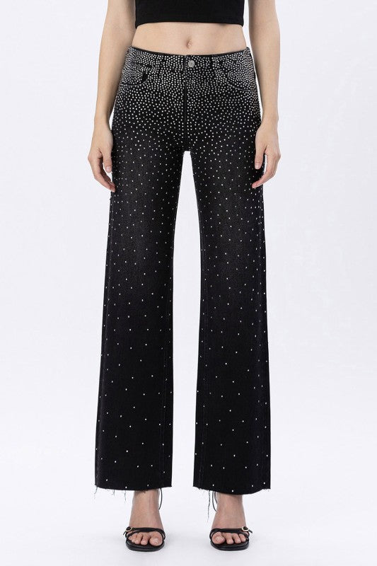 Vervet High Rise Raw Hem Rhinestone Slim Wide Jeans