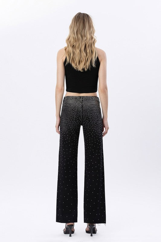Vervet High Rise Raw Hem Rhinestone Slim Wide Jeans