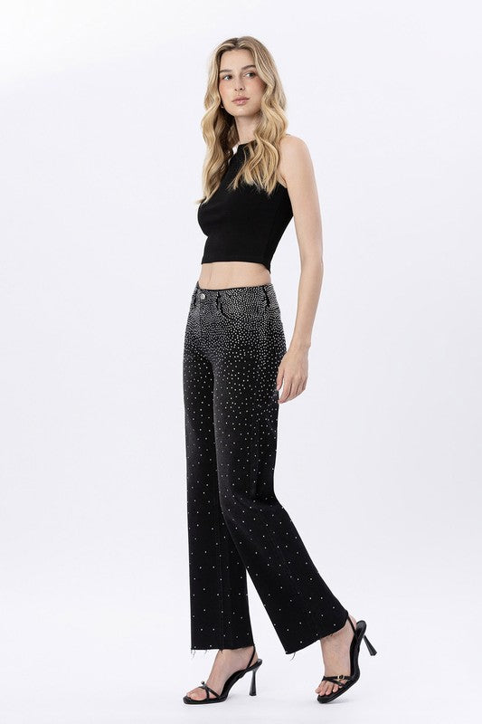 Vervet High Rise Raw Hem Rhinestone Slim Wide Jeans
