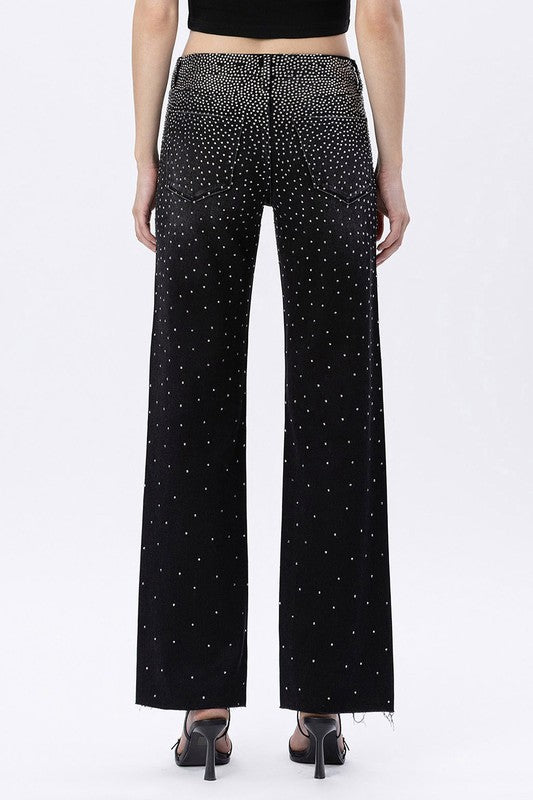 Vervet High Rise Raw Hem Rhinestone Slim Wide Jeans