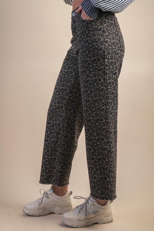 Wild One Leopard Print Wide Leg Pants - Grey