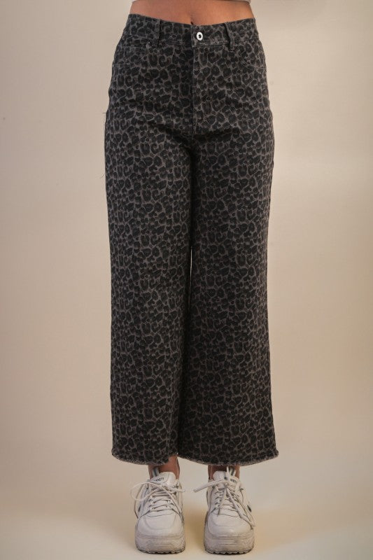 Wild One Leopard Print Wide Leg Pants - Grey