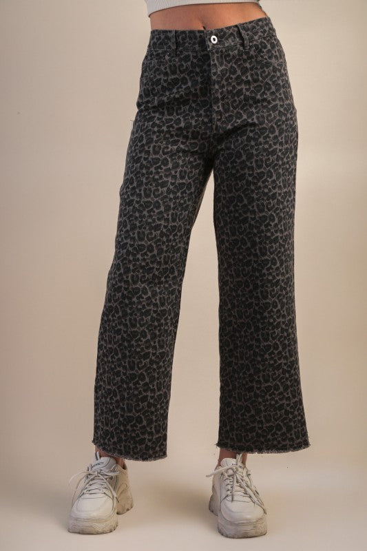 Wild One Leopard Print Wide Leg Pants - Grey