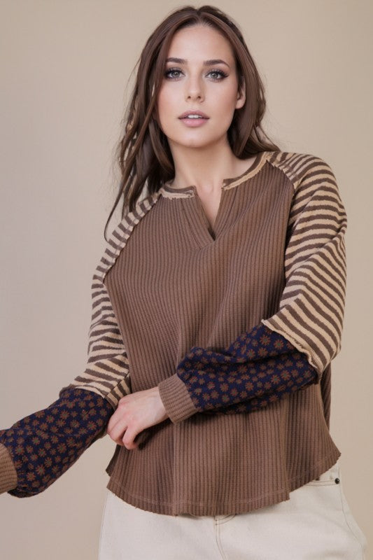 Pumpkin Patch Floral & Stripe Knit Top - Mocha