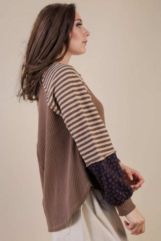 Pumpkin Patch Floral & Stripe Knit Top - Mocha